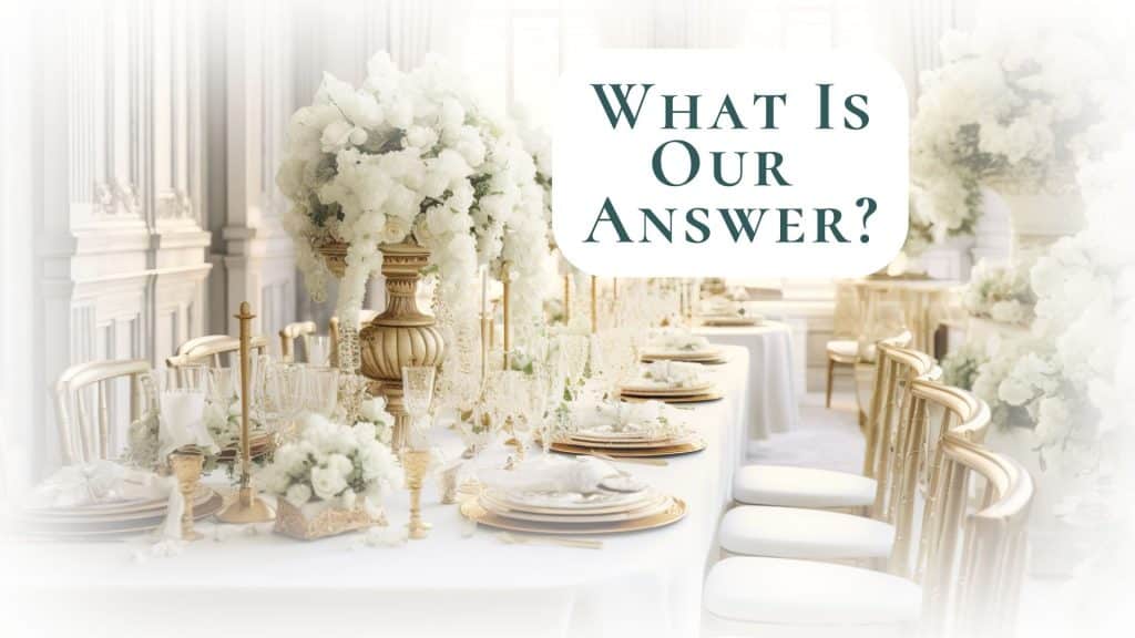 Regal banquet, with gold and white settings, chairs, and florals-1